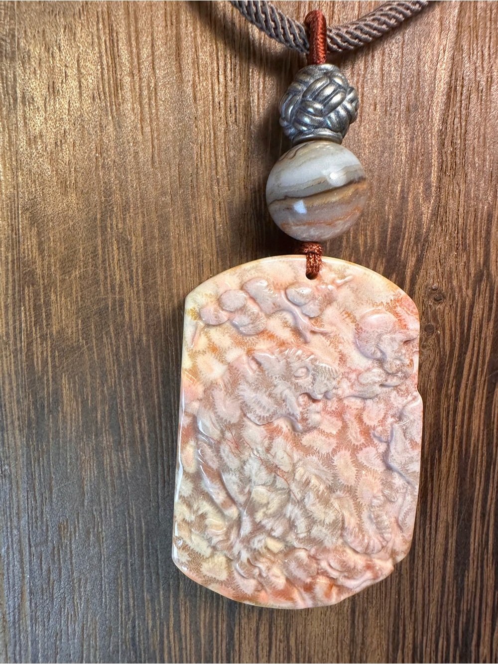 Coral Fossil Tiger Pendant Necklace on Light Brown Adjustable Rope - Picture 6 of 16